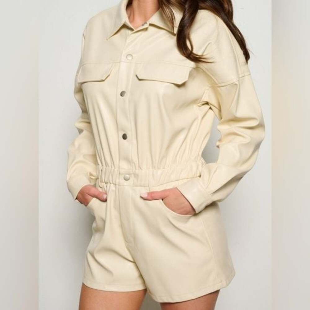 Long Sleeve Button Up Pleather Romper